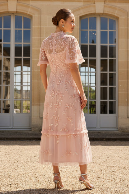 Flutter Sleeve Ruffle Floral Beaded Midi Dress In Blush Whisper