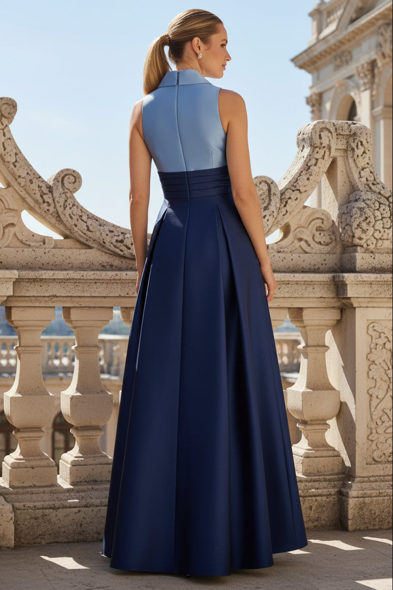 Sleeveless Color Block Tuxedo Ballgown In Icy Topaz Navy