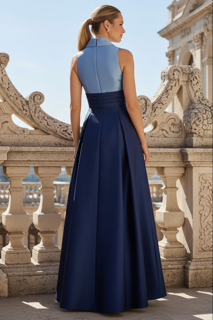Sleeveless Color Block Tuxedo Ballgown In Icy Topaz Navy