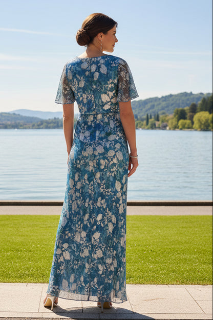 Flutter Sleeve Crinkle Foil Floral Gown In Blue Multi