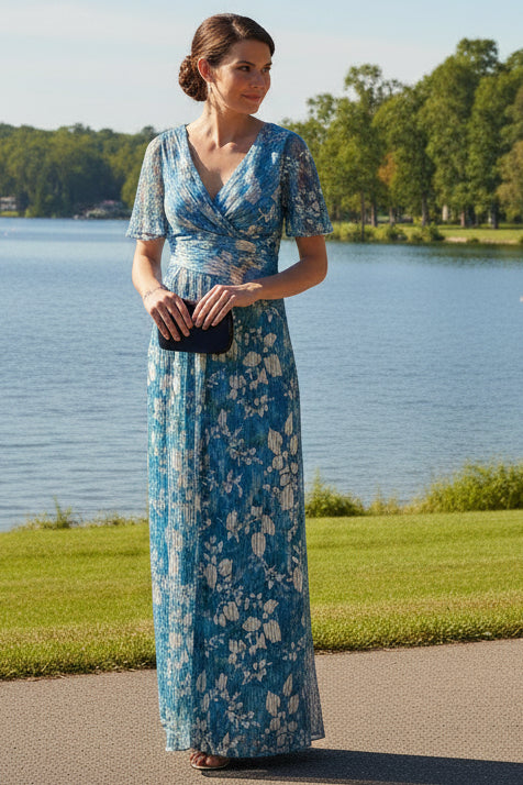 Flutter Sleeve Crinkle Foil Floral Gown In Blue Multi
