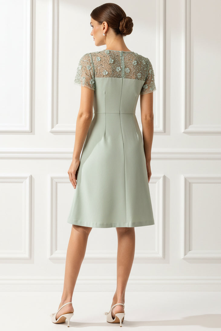 Flutter Sleeve Beaded Illusion Short Dress In Icy Sage