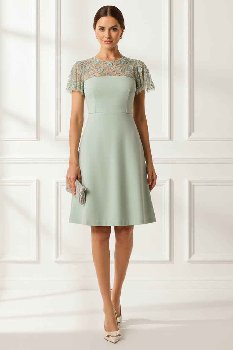 Flutter Sleeve Beaded Illusion Short Dress In Icy Sage