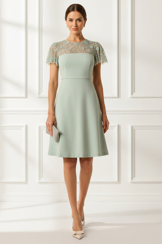 Flutter Sleeve Beaded Illusion Short Dress In Icy Sage