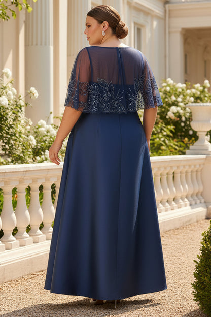 Plus Size Beaded Cape High Low Taffeta Combo Gown In Light Navy
