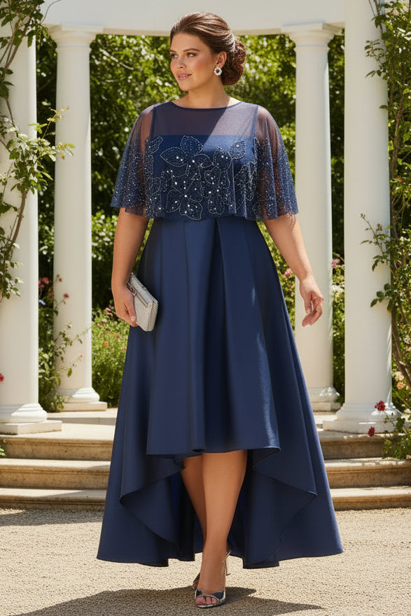 Plus Size Beaded Cape High Low Taffeta Combo Gown In Light Navy