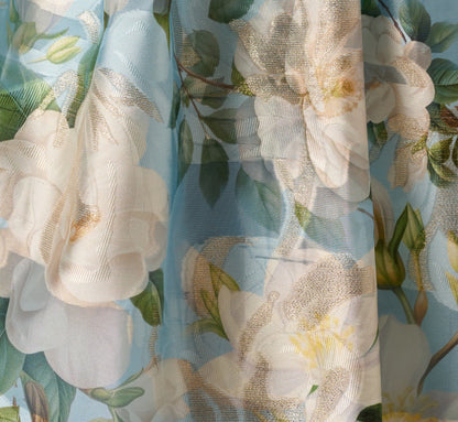 Square Neck Drop Waist Floral Jacquard Dress In Blue Multi
