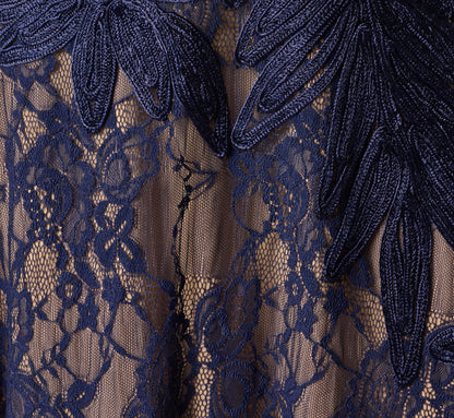 Short Sleeve Lace Soutache Embroidery Gown In Navy Nude