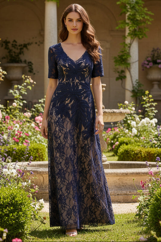 Short Sleeve Lace Soutache Embroidery Gown In Navy Nude