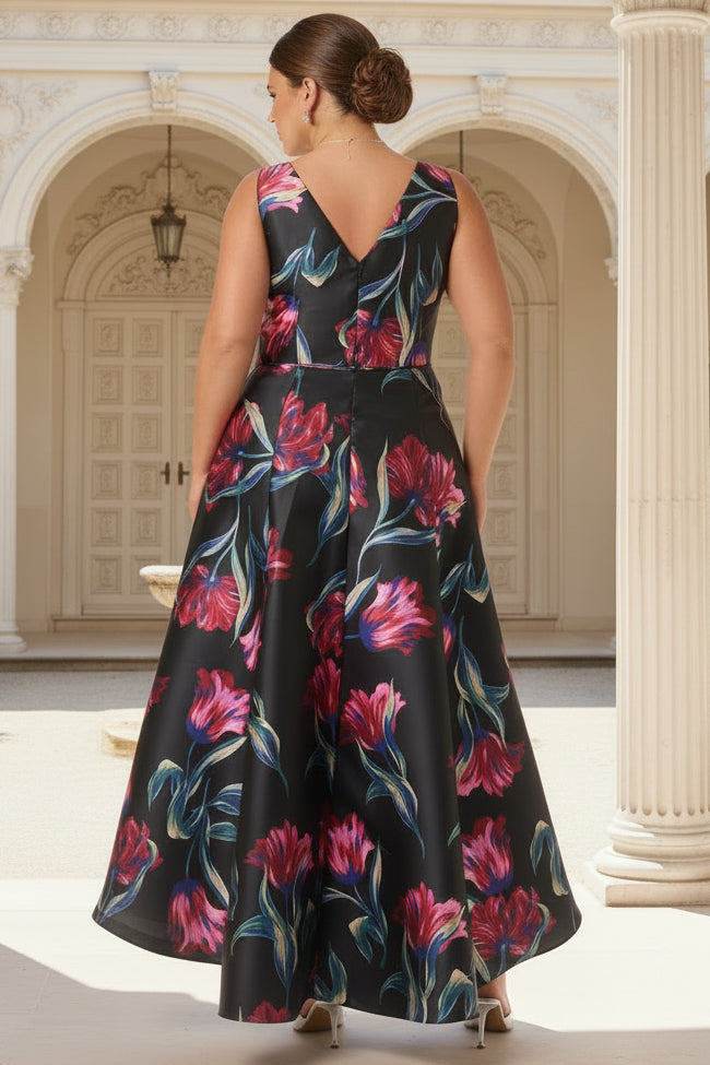 Plus Size Floral Print Mikado High Low Gown In Black Multi