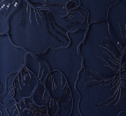 Floral Embroidered Satin Roll Collar Gown In Midnight