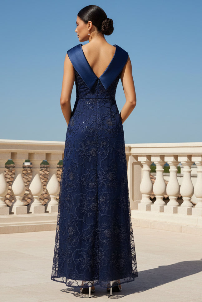 Floral Embroidered Satin Roll Collar Gown In Midnight