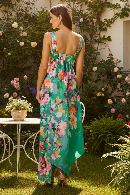 Floral Mikado Scarf Train Column Gown In Green Multi