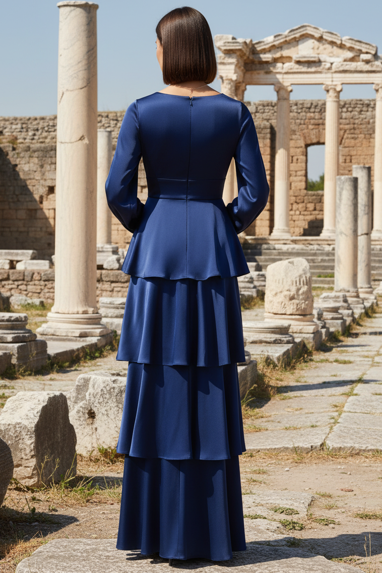 Long Sleeve Satin Tiered Gown In Navy Sateen