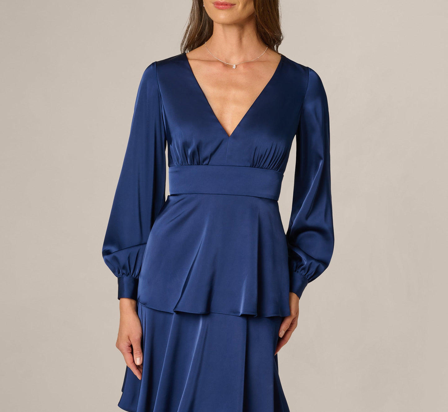 Long Sleeve Satin Tiered Gown In Navy Sateen