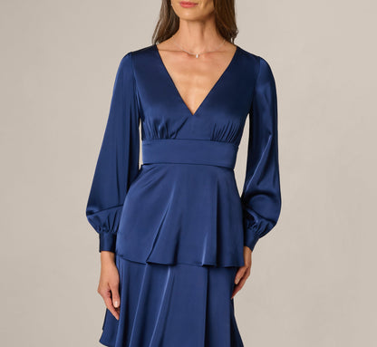 Long Sleeve Satin Tiered Gown In Navy Sateen