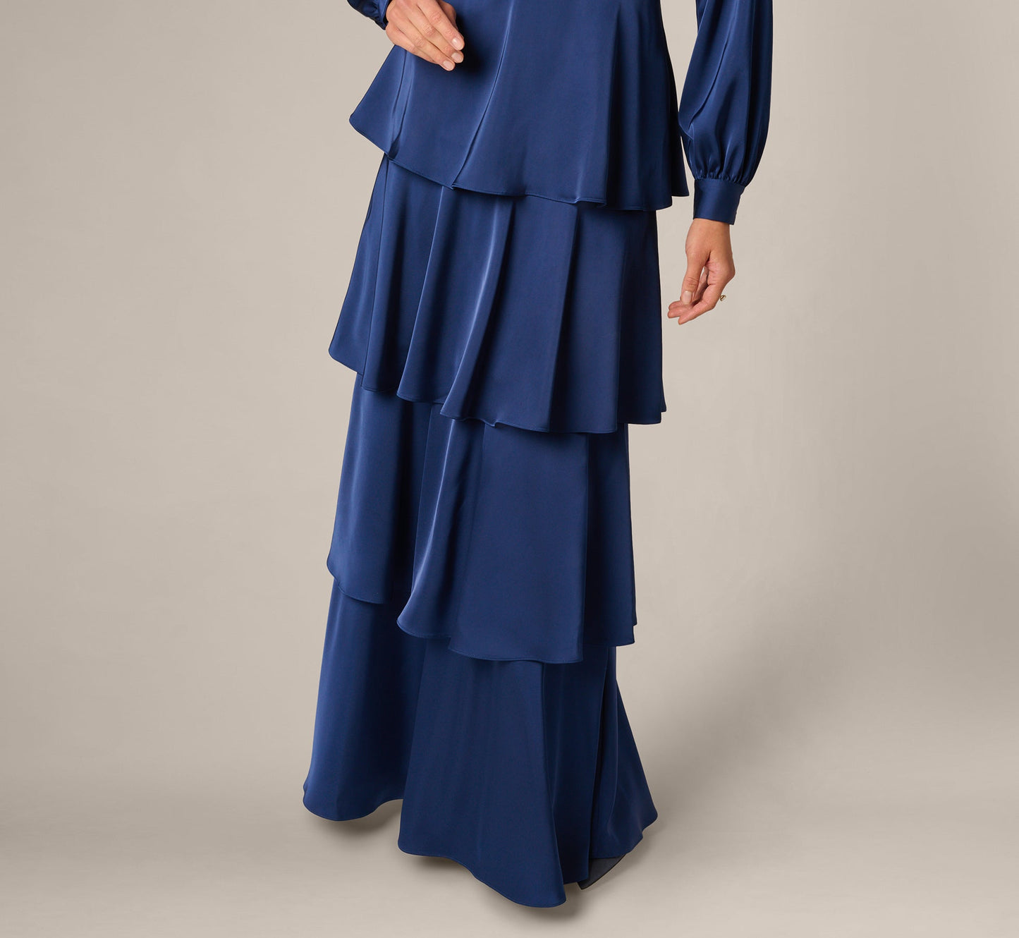 Long Sleeve Satin Tiered Gown In Navy Sateen