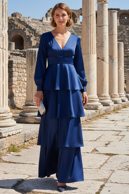 Long Sleeve Satin Tiered Gown In Navy Sateen