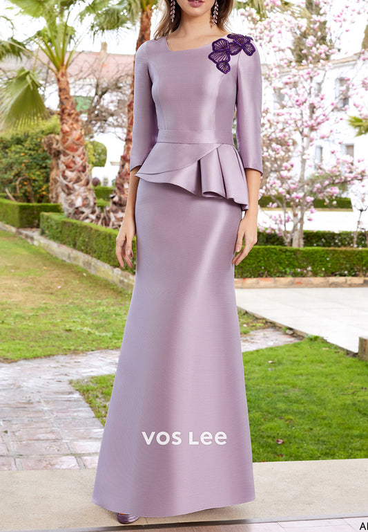 Empire Waist Scoop Sheath 3/4 Sleeve Handmade Flowers Pleated Mother of Bride Dress