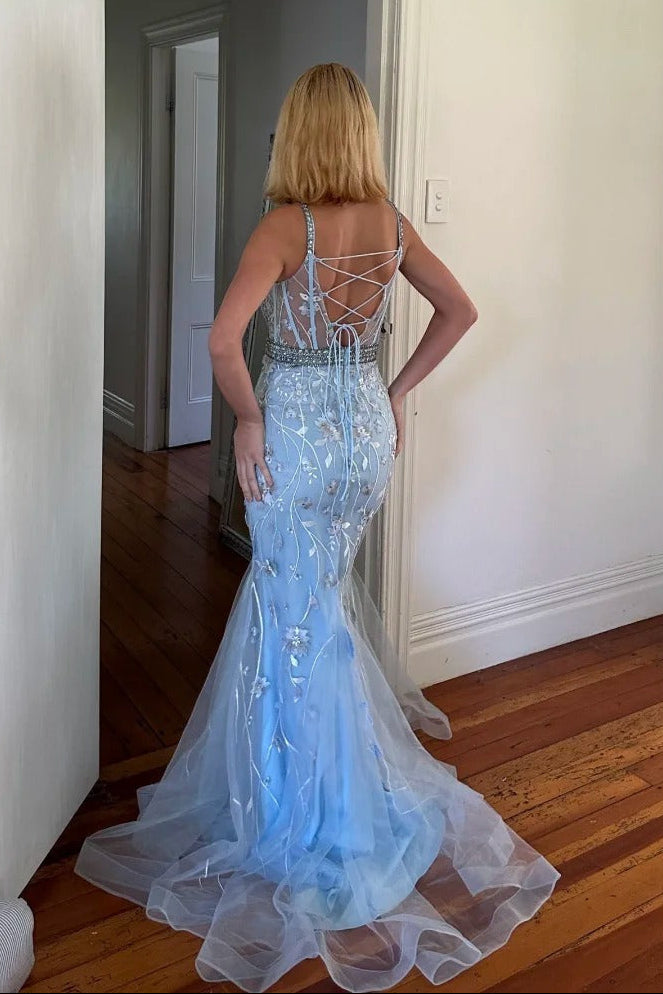 Elegant  Spaghetti Strap Light Sky Blue Tulle Corset Back Evening Dresses Prom Dress