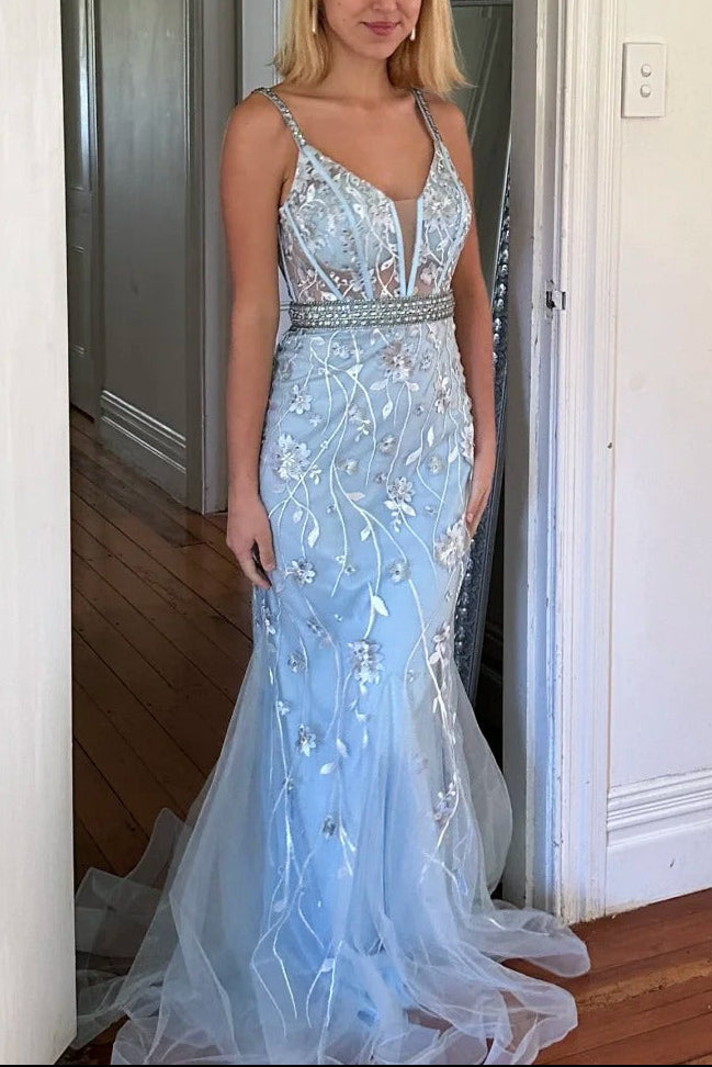 Elegant  Spaghetti Strap Light Sky Blue Tulle Corset Back Evening Dresses Prom Dress