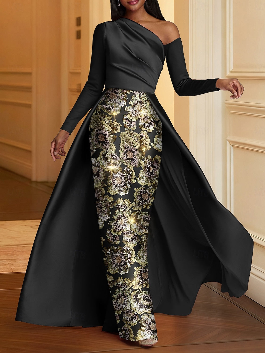 Elegant Long Sleeve Glittering A-Line Evening Gown with Overskirt Sequins Formal Dress