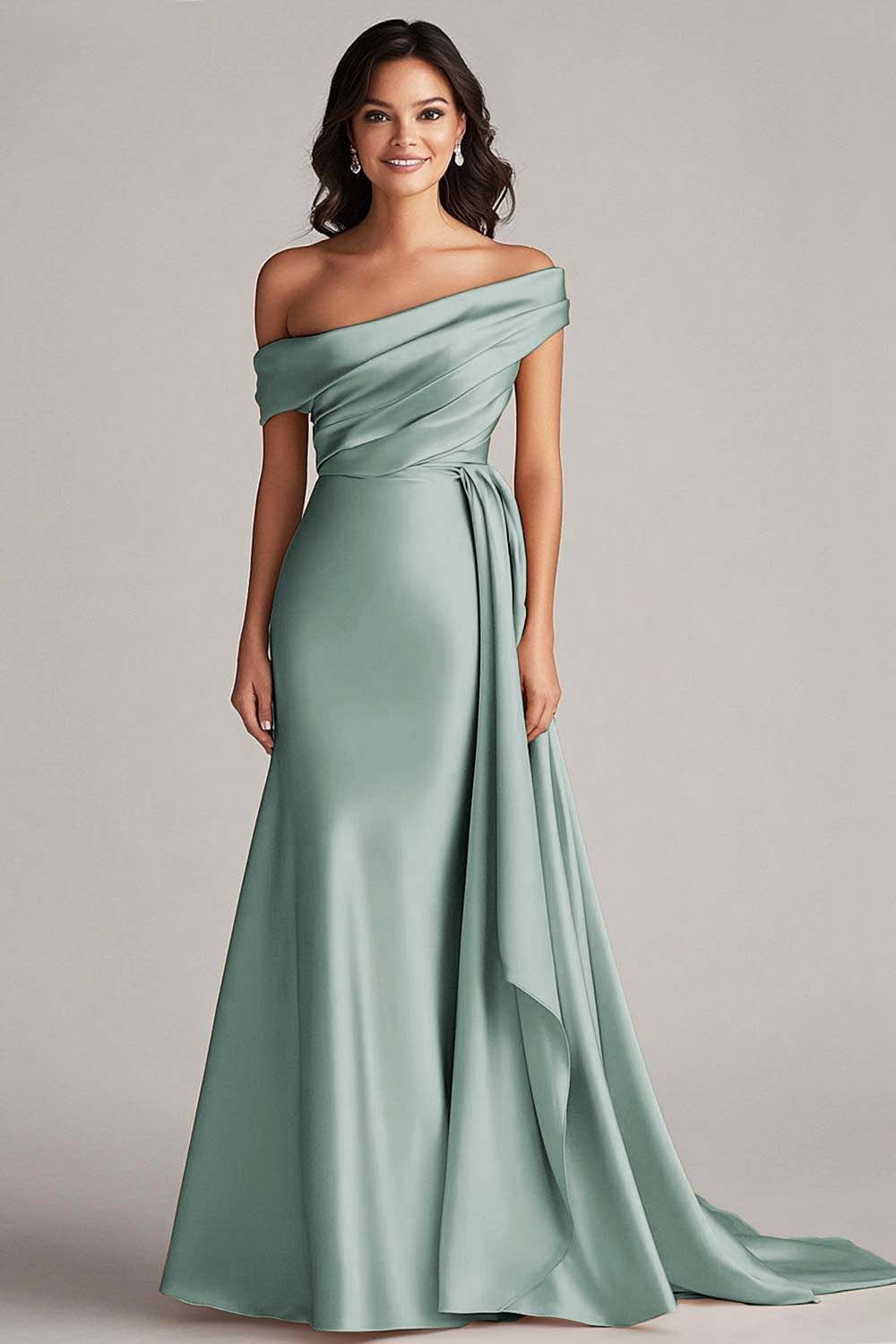 One Shoulder Pleated Champagne Sheath Long Formal Dress