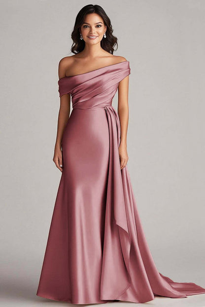 One Shoulder Pleated Champagne Sheath Long Formal Dress