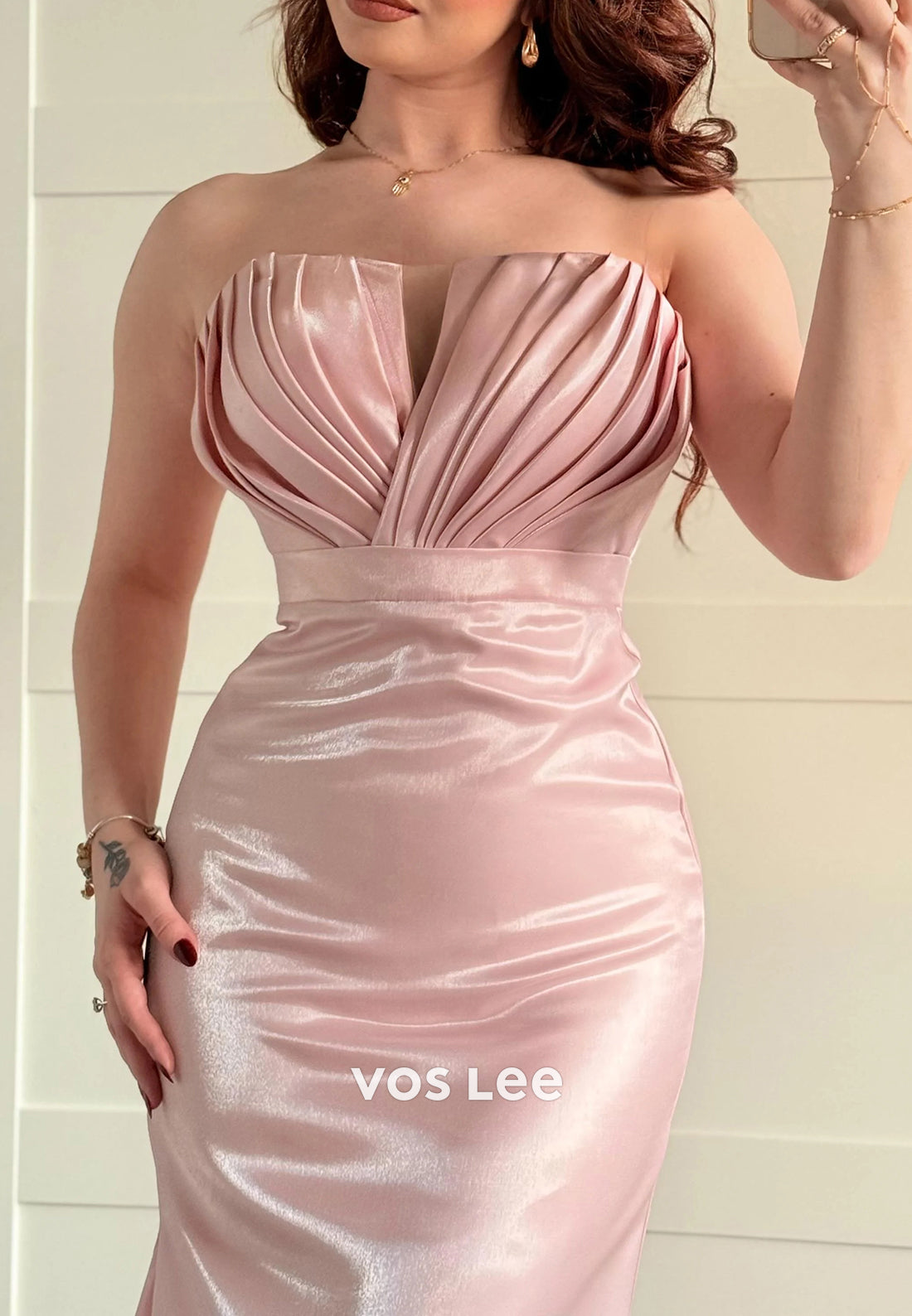 Sparkling Pink Strapless Pleated Mermaid Long Simple Evening Dresses with Sweep Train