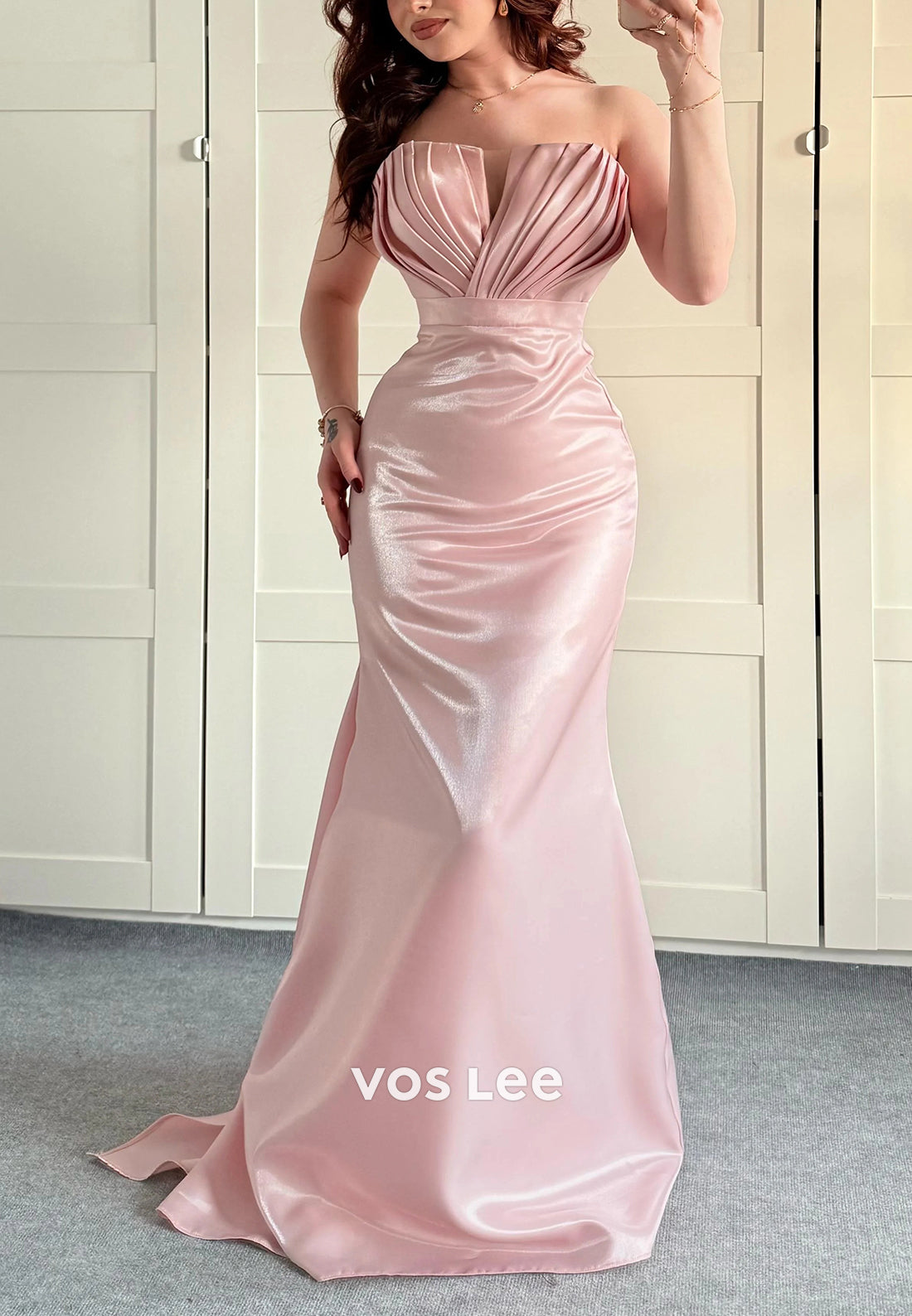 Sparkling Pink Strapless Pleated Mermaid Long Simple Evening Dresses with Sweep Train