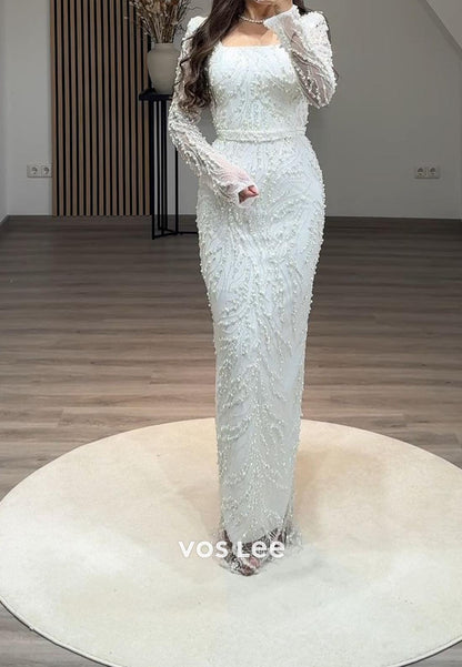Elegance Allover Lace Beaded Long Sleeves Mermaid Evening  Formal Dresses