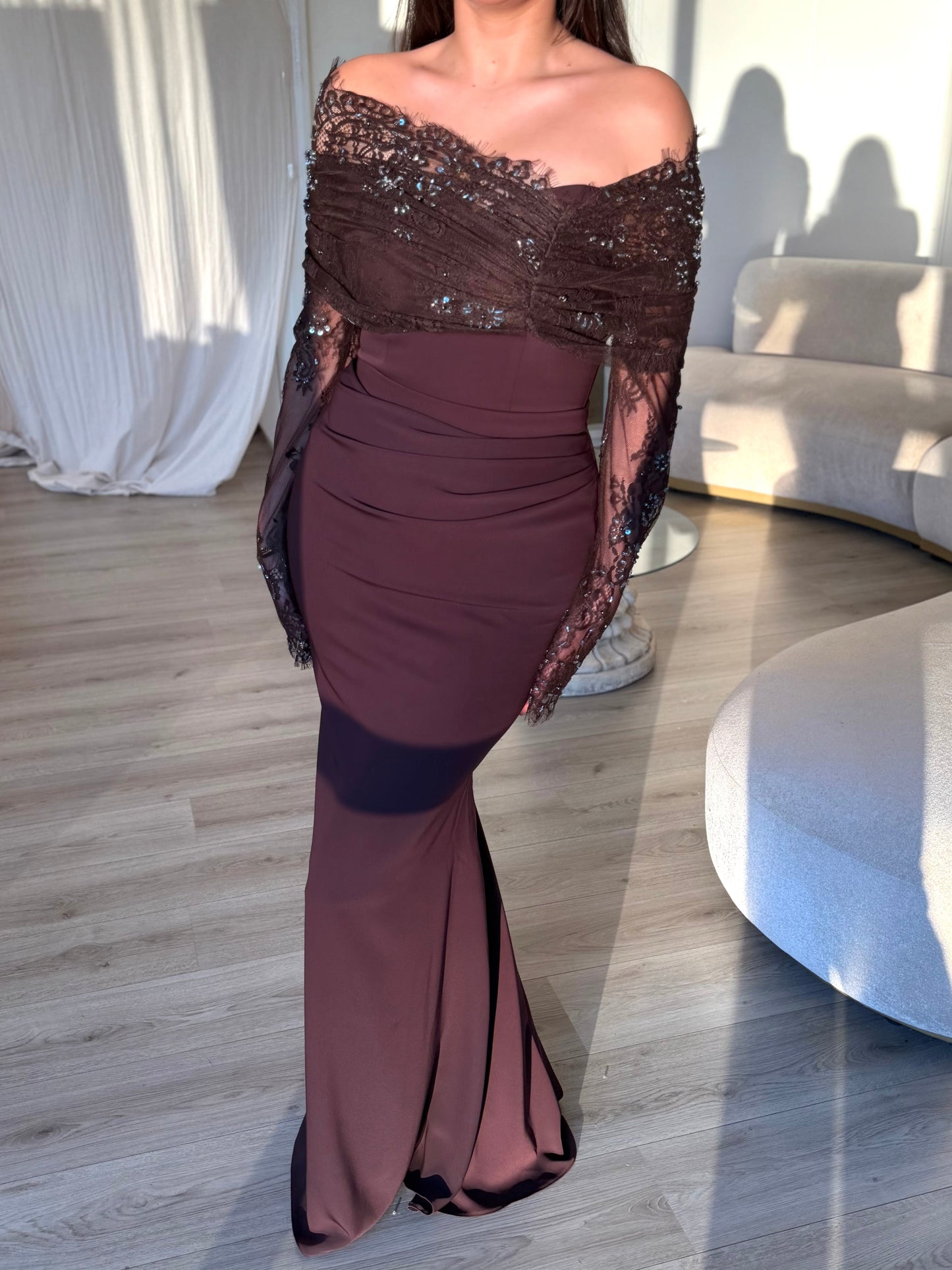 Brown Off Shoulder Long Sleeve Sequin Tassel Mermaid Evening Gown
