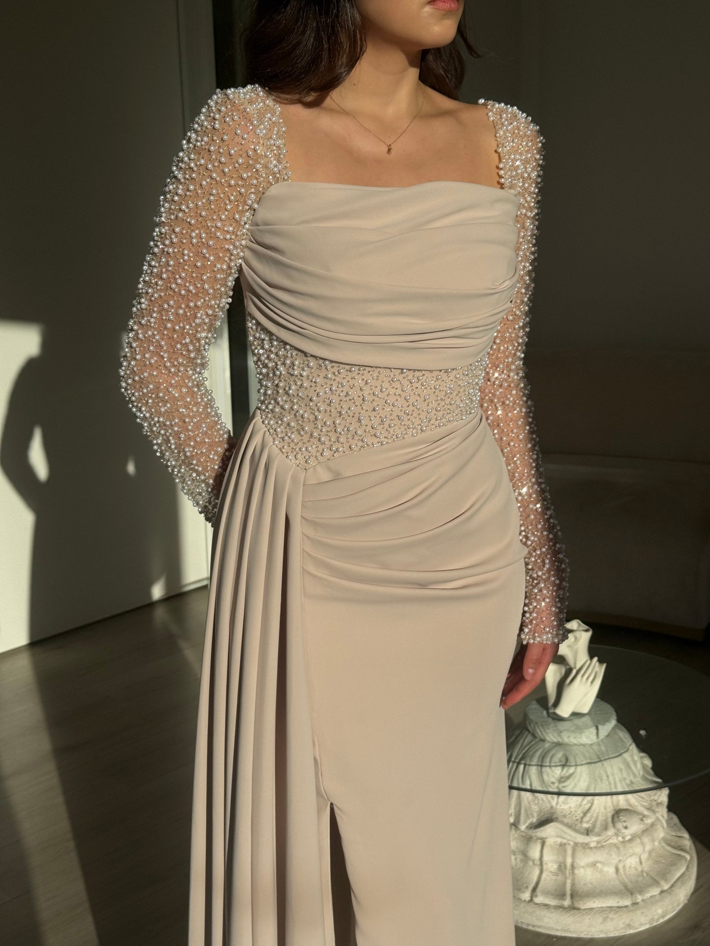 Champagne Off-Shoulder Evening Gown with Pearl Embellished Long Sleeves