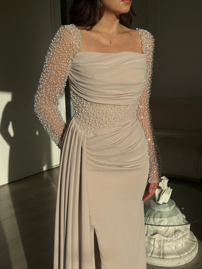 Champagne Off-Shoulder Evening Gown with Pearl Embellished Long Sleeves
