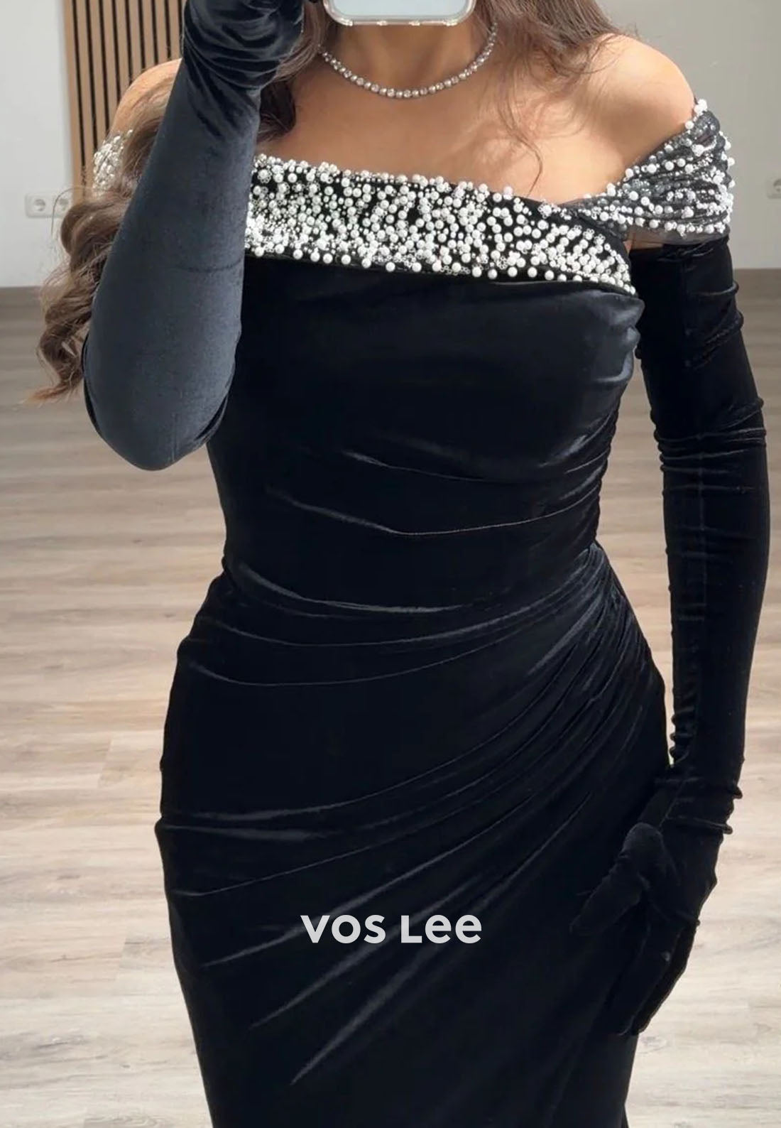 Off the Shoulder Pearls Bead Long Sleeve Evening Gowns