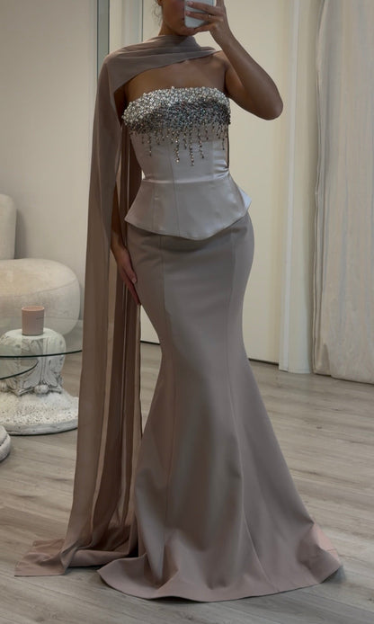 Luxury Crystal Fringe Formal Dress | Satin Mermaid Gown with Cape