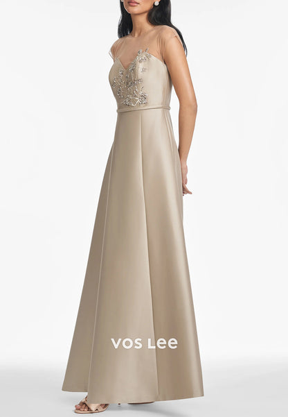 A-Line Illusion Neck Sequins Embellished Floor-Length Pleated Mother of Bride Dresses