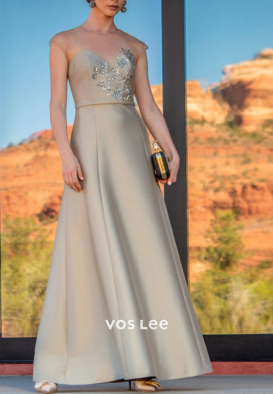 A-Line Illusion Neck Sequins Embellished Floor-Length Pleated Mother of Bride Dresses