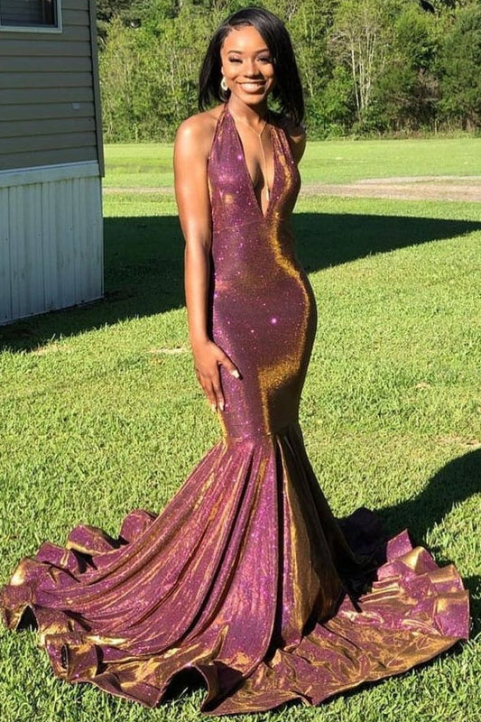 New Arrival V-Neck Halter Sequins Mermaid Sexy Party Dress