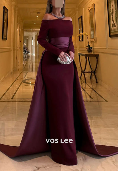 Wine red A-Line Long Sleeve Off the Shoulder Evening Gowns