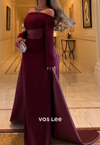 Wine red A-Line Long Sleeve Off the Shoulder Evening Gowns
