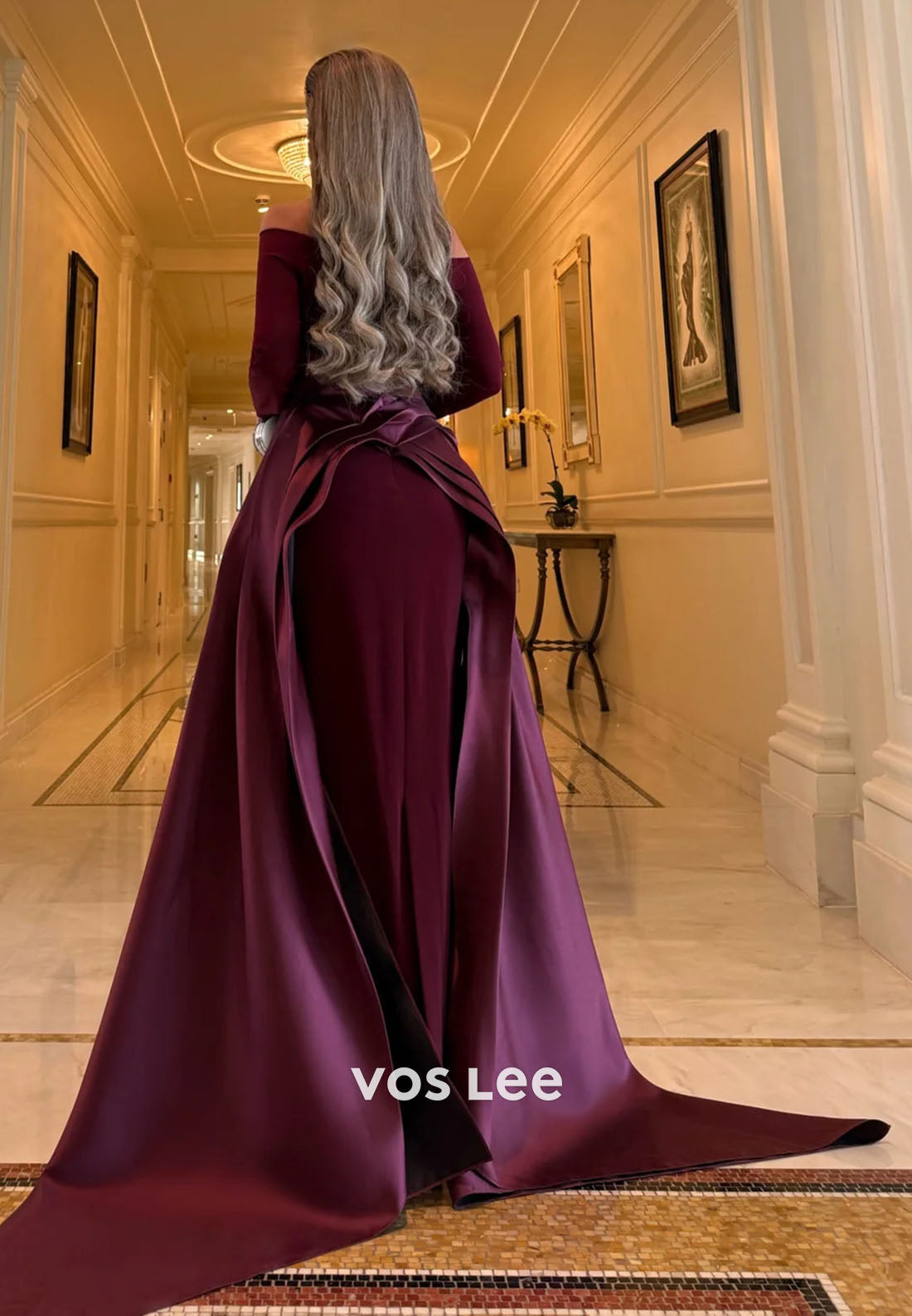 Wine red A-Line Long Sleeve Off the Shoulder Evening Gowns
