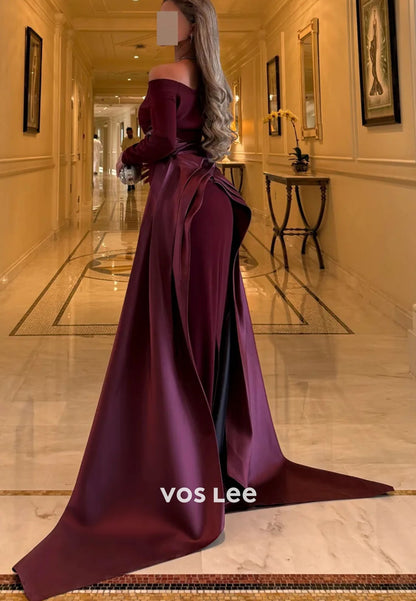 Wine red A-Line Long Sleeve Off the Shoulder Evening Gowns