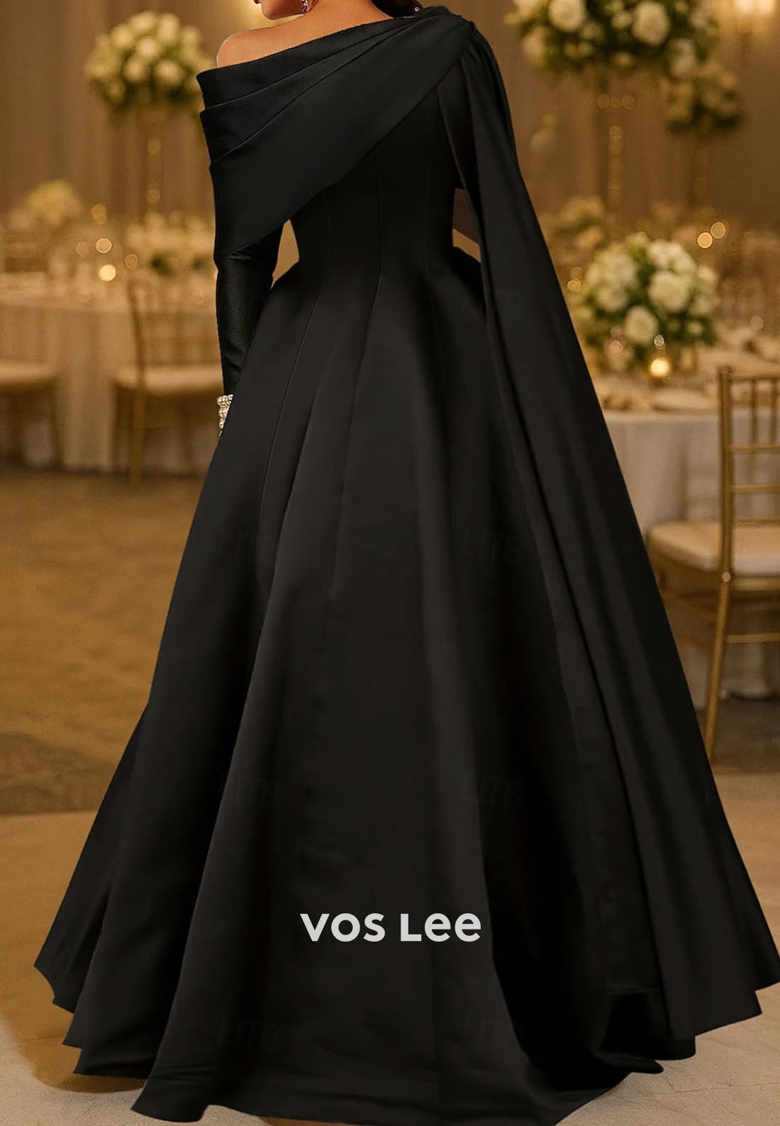 Elegant Off Shoulder Satin Pearls A-Line Floor Length Evening Gown with Cape Formal Dress