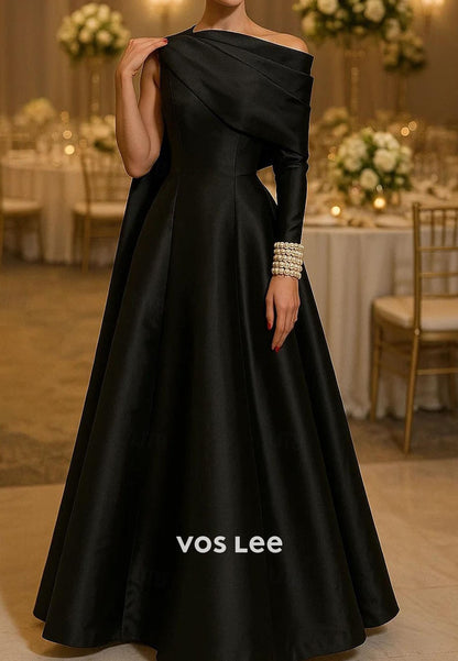 Elegant Off Shoulder Satin Pearls A-Line Floor Length Evening Gown with Cape Formal Dress