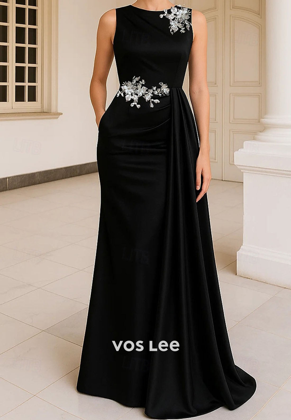 Sleeveless Crew Neck Floor Length Beaded Sequins Evening Gown with Pocket