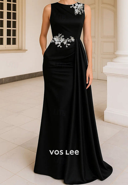 Sleeveless Crew Neck Floor Length Beaded Sequins Evening Gown with Pocket
