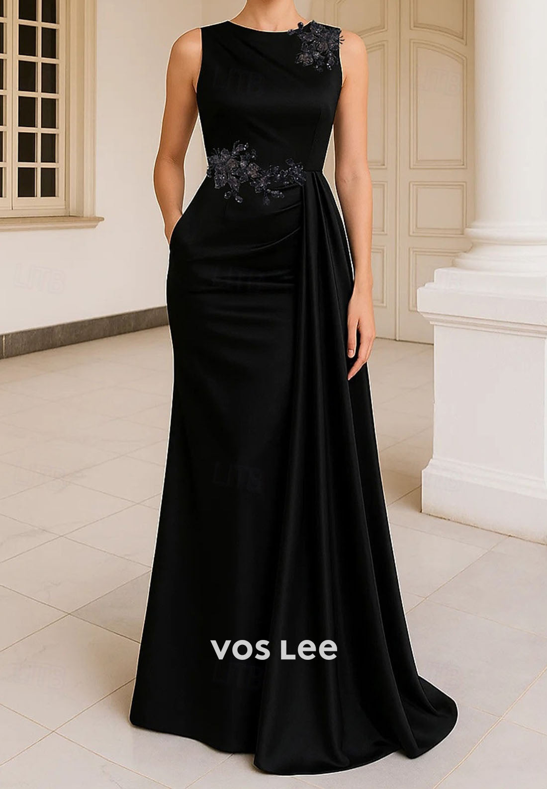 Sleeveless Crew Neck Floor Length Beaded Sequins Evening Gown with Pocket