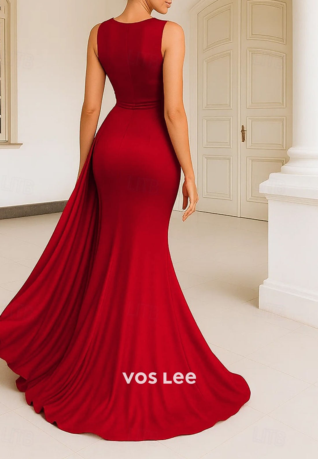Sleeveless Crew Neck Floor Length Beaded Sequins Evening Gown with Pocket