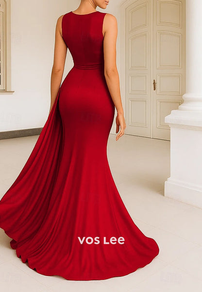 Sleeveless Crew Neck Floor Length Beaded Sequins Evening Gown with Pocket